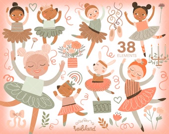 May include: A set of 38 colorful illustrations featuring ballerinas, animals, and floral elements. The illustrations are in a whimsical style with a pink, green, and brown color palette. The set includes a ballerina with a pink tutu, a ballerina with a green tutu, a ballerina with a brown tutu, a bear wearing a pink tutu, a rabbit wearing a pink tutu, a bear wearing a green tutu, a bouquet of flowers, a candlestick, and other decorative elements.