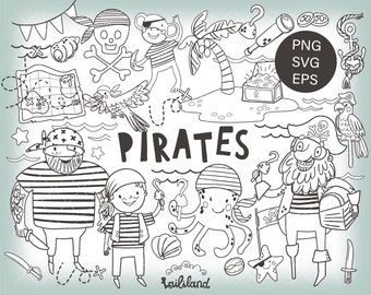Pirate doodle clipart, pirates black and white clip art, kids clipart, digital stamp, pirate clipart, Personal and Commercial use 010