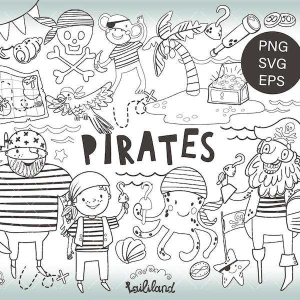 Pirate doodle clipart, pirates black and white clip art, kids clipart, digital stamp, pirate clipart, Personal and Commercial use 010