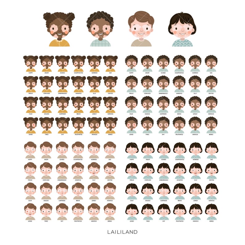 May include: A set of 120 cartoon faces with various expressions, including happy, sad, angry, surprised, and more. The faces are divided into three groups: two groups of 40 faces with brown skin and one group of 40 faces with light skin. Each group has a different hairstyle and clothing style. The faces are all in a simple, cartoon style.
