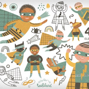 Clipart de super-herói, clipart de super-herói de menino, clipart de super-herói de menino afro-americano, download digital, uso pessoal e comercial, 002