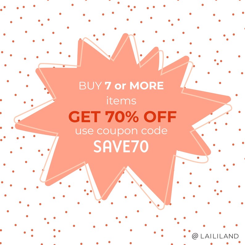 Puede incluir: Un gr&aacute;fico de estallido de estrella rosa con contorno blanco sobre un fondo blanco con puntos rojos. El gr&aacute;fico dice "BUY 7 or MORE items GET 70% OFF use coupon code SAVE70".