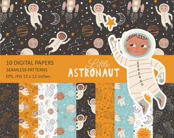Space digital paper, little astronaut seamless pattern set, space digital background, galaxy digital paper, Personal and Commercial use 041