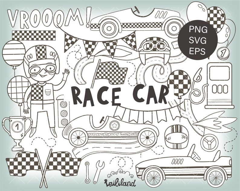 Race Car Doodle Clipart Kids Black and White Clip Art Racing - Etsy Canada