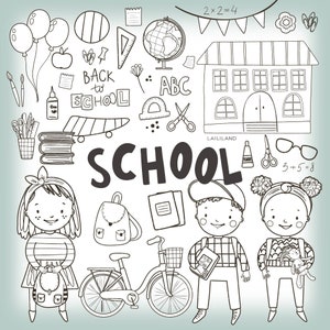 Schule Doodle Clipart, Schule schwarz weiß Clip Art, Schule digitaler Stempel, digitaler Download, persönlicher und kommerzieller Gebrauch 001