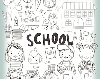 School doodle clipart, back to school black and white clip art, school digital stamp, digital download, Personal and Commercial use 001