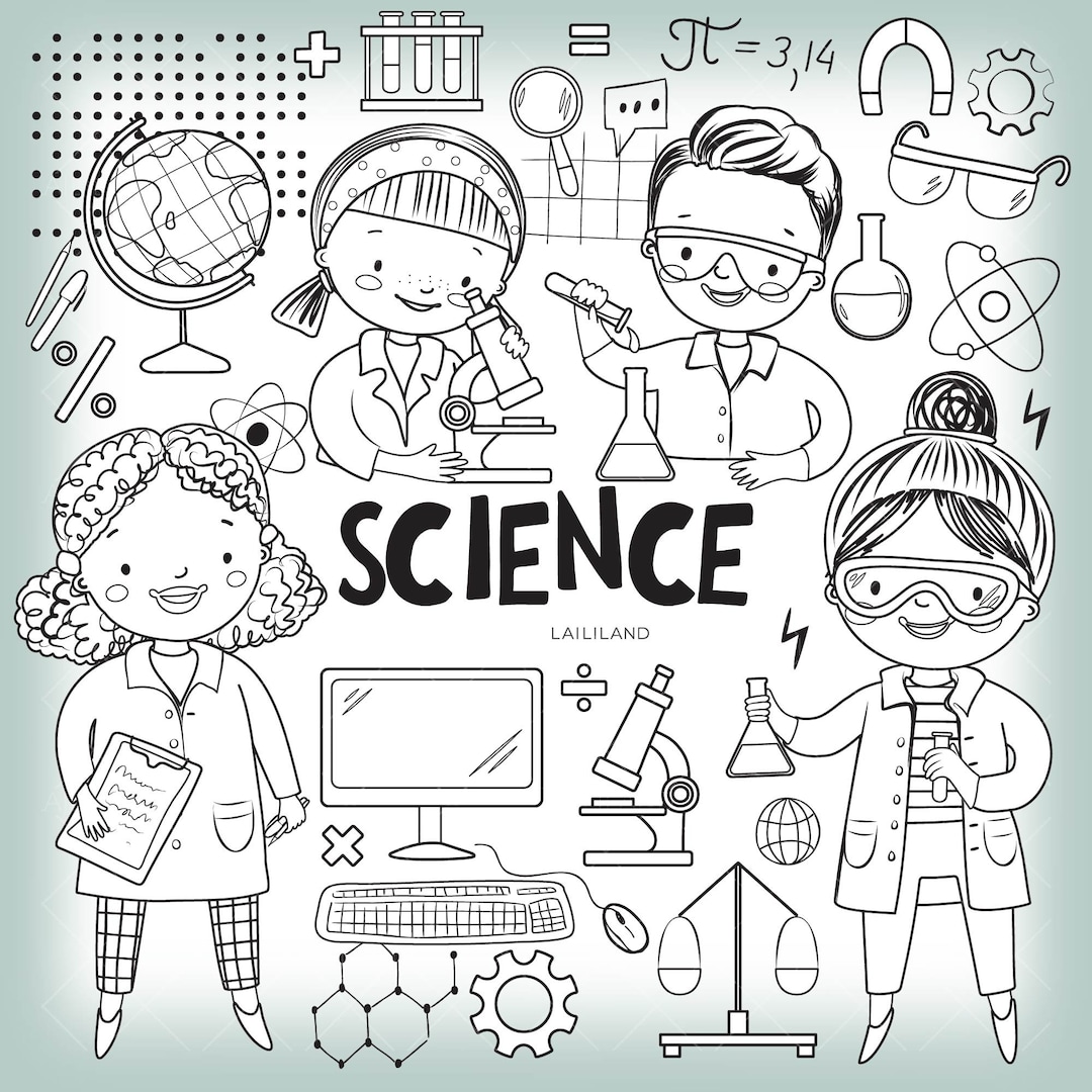 Science Black and White Clipart, Classroom Doodle Clipart, School Clip Art, Scientist Line Art