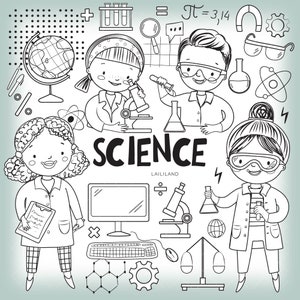 Ciência clipart preto e branco, sala de aula doodle clipart, escola clip art, cientista linha arte png arquivos, uso pessoal e comercial 001