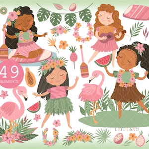 Tropische Clipart, Hawaii-Mädchen Clipart, Sommer Clipart, Pflanzen Clipart, digitaler Download, Personal und kommerzielle Nutzung 023