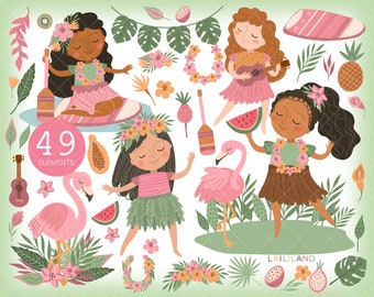 Hawaii Girl Clipart: Tropical Summer Design Elements (Digital Download)