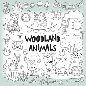 Bosdieren zwart-wit clipart, bosdieren doodle illustraties, dierlijke zeer fijne tekeningen, digitale download, persoonlijk en commercieel gebruik 011