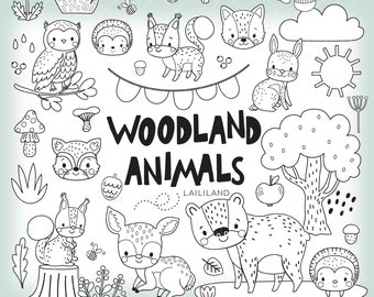 Woodland Animals Clipart: Black and White Doodle Line Art (Digital Download)
