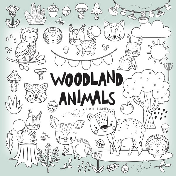 Woodland animals black and white clipart, forest animals doodle clip art, animal line art, digital download, Personal & Commercial use 011