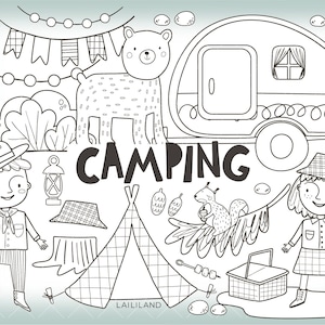 Camping Black and White Clipart: Kids Hobby Doodle Line Art (Digital Download)