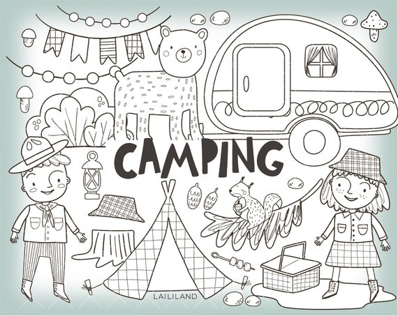 Camping Black and White Clipart Camper Doodle Clip Art - Etsy