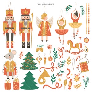 Puede incluir: Un conjunto de 47 ilustraciones con tem&aacute;tica navide&ntilde;a, que incluyen un cascanueces, un &aacute;ngel, una bailarina, un caballito de balanc&iacute;n, un bast&oacute;n de caramelo y un &aacute;rbol de Navidad. Las ilustraciones son de estilo vintage con una combinaci&oacute;n de colores rojo, verde y dorado.