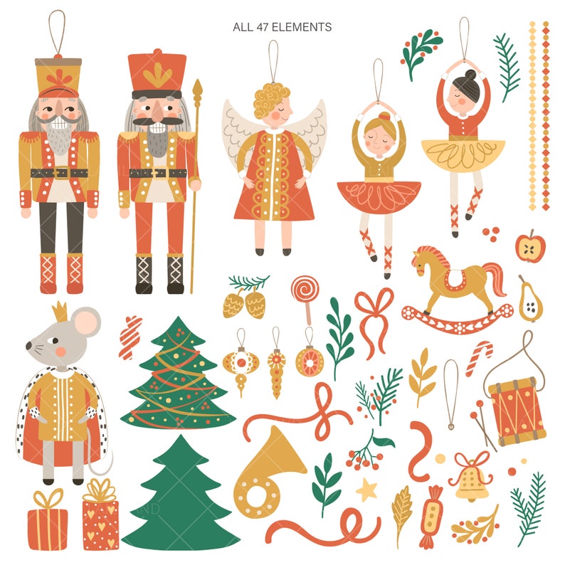 Puede incluir: Un conjunto de 47 ilustraciones con tem&aacute;tica navide&ntilde;a, que incluyen un cascanueces, un &aacute;ngel, una bailarina, un caballito de balanc&iacute;n, un bast&oacute;n de caramelo y un &aacute;rbol de Navidad. Las ilustraciones son de estilo vintage con una combinaci&oacute;n de colores rojo, verde y dorado.