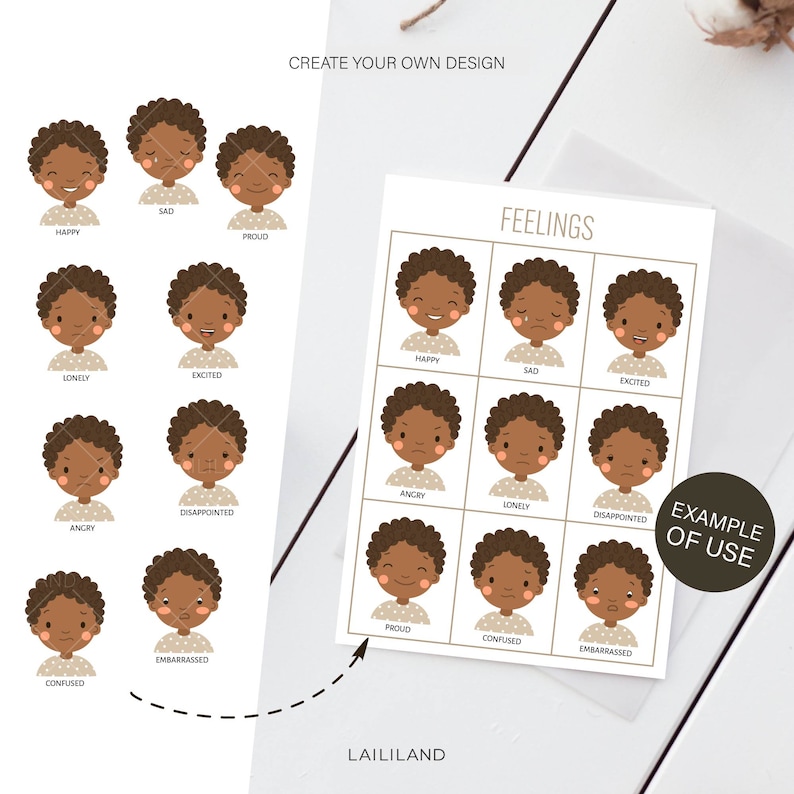 May include: A printable chart with illustrations of different facial expressions, including happy, sad, excited, lonely, angry, disappointed, confused, and embarrassed. The chart is labeled "Feelings" and includes the text "Create Your Own Design" and "Example of Use".