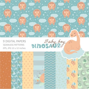 Baby dinosaur digital paper, baby shower digital paper, dinosaur seamless patterns, baby digital paper, Personal and Commercial use 007