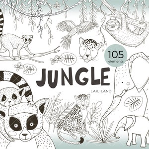 Jungle dieren zwart-wit clipart, safari doodle illustraties, Afrikaanse dieren lijntekeningen png, digitale download, persoonlijk en commercieel gebruik 028