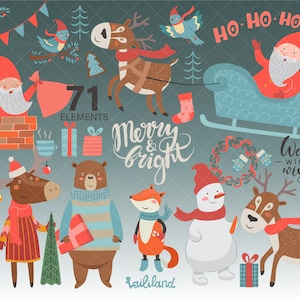 Weihnachts Clipart, süße Weihnachts Clipart mit Weihnachtsmann, Eisbär, Schneemann, Elch, digitaler Download, persönliche und kommerzielle Nutzung 021