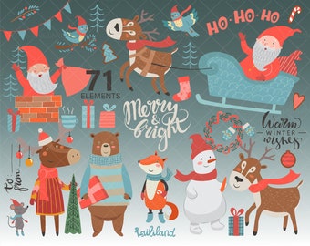 Clipart navideño de Papá Noel y animales (descarga digital)
