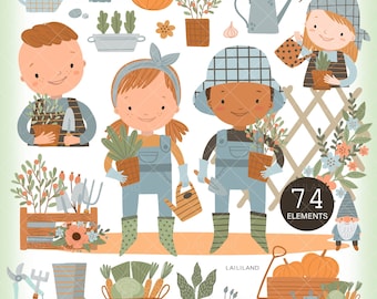 Gardening Kids Clipart: Girl and Boy PNG Files (Digital Download)