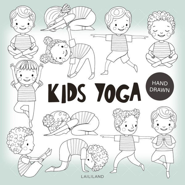 Kids yoga black and white clipart, yoga poses doodle clip art, children's yoga line art, digital download, Personal and Commercial use 001