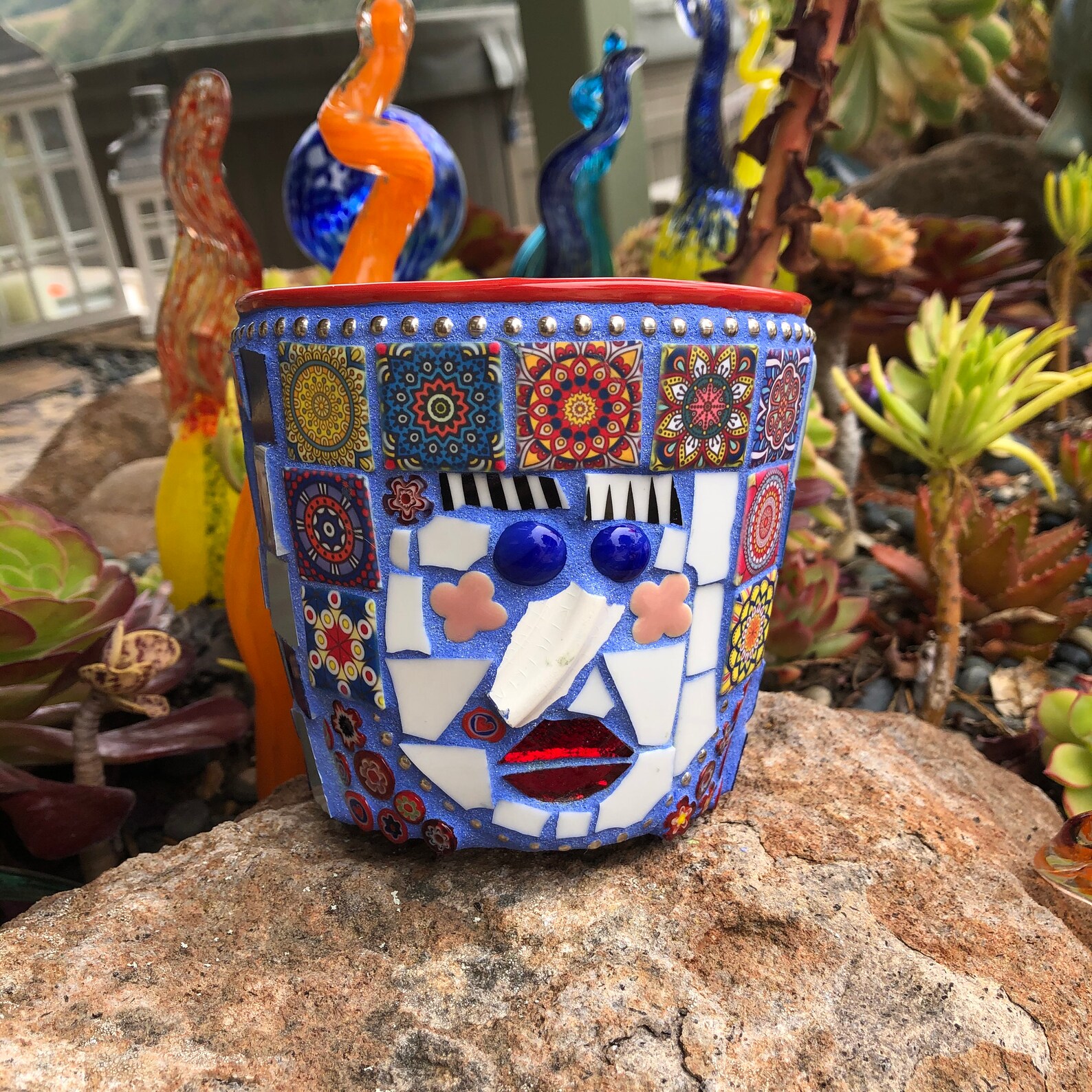 A Blue mosaic face garden pot art gift Etsy