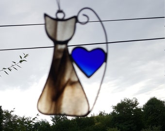 Black cat, Stained glass cat,  cat lovers, blue heart, decoration glass ornament,  woman,  cat suncatcher window decor,