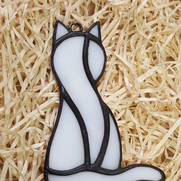 Chat blanc, chat en vitrail, amoureux des chats, ornement en verre de décoration, femme, décor de fenêtre de capteur solaire pour chat