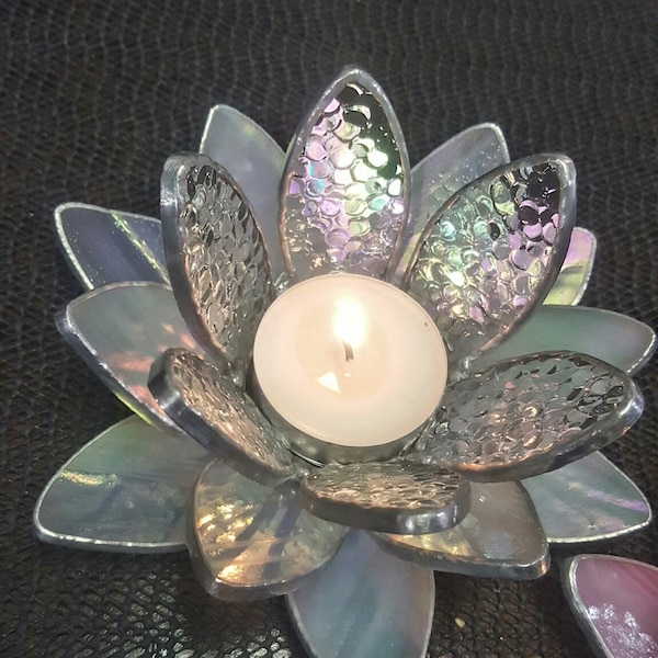 Vitrail Fleur de lotus, Lampes à thé de lotus blanc, Lotus de Bouddha, Vitrail Porte-lampe à thé pour la méditation, cadeau pour professeur de yoga,