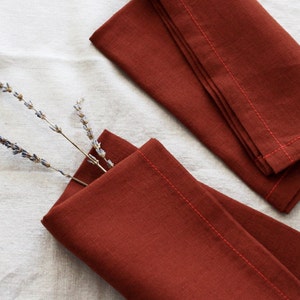 Terracotta Linen Napkin with Red Stitch, Dinner Napkin, Cloth Napkin, Wedding Napkin Bulk, Christmas Gift, Set of 4, Table Linens Decor