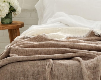 Organic Cotton Thick Muslin Blanket, 8 Layers Quilt Comforter, Coffee Brown, Double Sided, Sustainable Bedcover, Soft Bedspread with Fringes