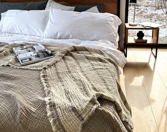 Muslin Blanket King, Reversible Blanket Throw in Taupe Striped, 4 Layers Gauze Cotton Christmas Gift Blanket, Bed Throw, Modern Bedding