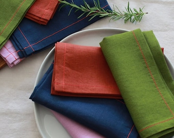 Linen Napkin with red stitch, Set of 4, Christmas Gift, Dinner Napkins Bulk, Wedding Napkins, Housewarming Gift,Decor, Table Linens, US Shop