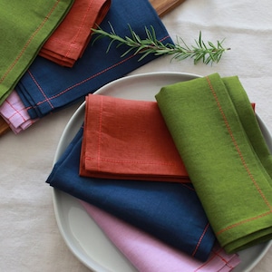 Linen Napkin with red stitch, Set of 4, Christmas Gift, Dinner Napkins Bulk, Wedding Napkins, Housewarming Gift,Decor, Table Linens, US Shop