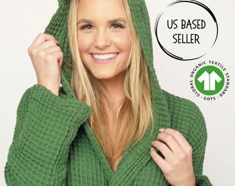 Szlafrok waflowy z organicznej bawełny w kolorze leśnej zieleni, luksusowy strój domowy z kapturem, wstępnie prana miękka turecka bawełna, unisex, długi, luźny krój z kapturem