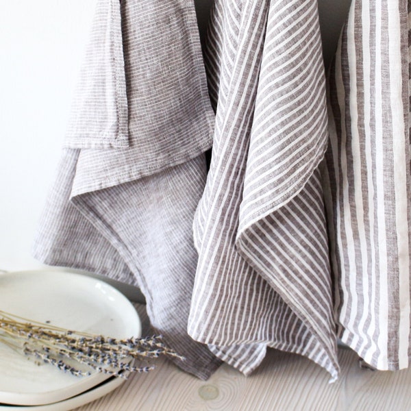 Linen Tea Towel Set of 3 or Single, Shop US, Washed Soft Dish Towel, Striped Linen Cotton Kitchen Towel With Loop, Mothers Day Gift