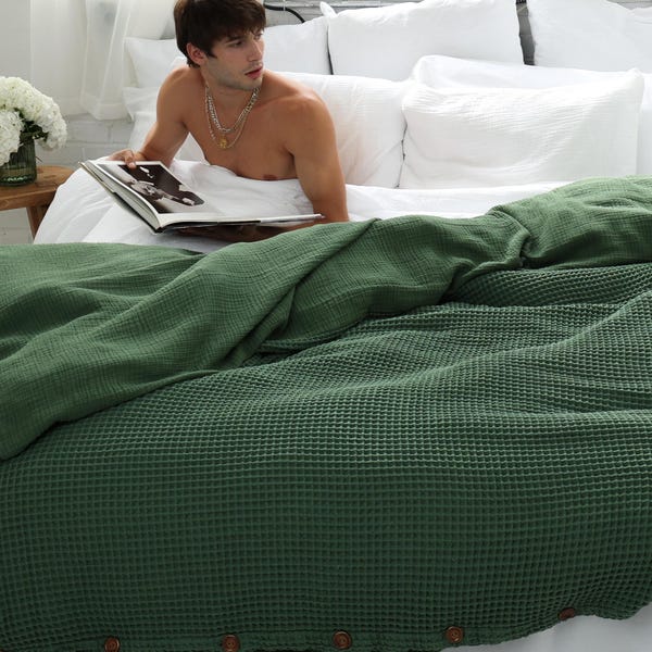 Organic Waffle Duvet Cover, Forest Green Double Sided Bedding, Muslin + Waffle Bedspread, Christmas Gift
