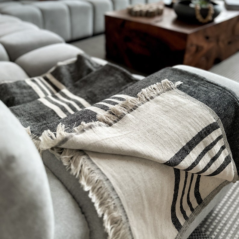 Reversible Throw, Striped Oversized Throw Blanket for Couch, Natural Black Bed Runner, Linen Cotton Bedspread, Luxury Stylish Gift Blanket