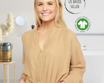 Organiczny szlafrok kimono z naturalnej, unisexowej tureckiej bawełny, 4-warstwowy, z gazy, luksusowy strój domowy do życia w wolnym tempie