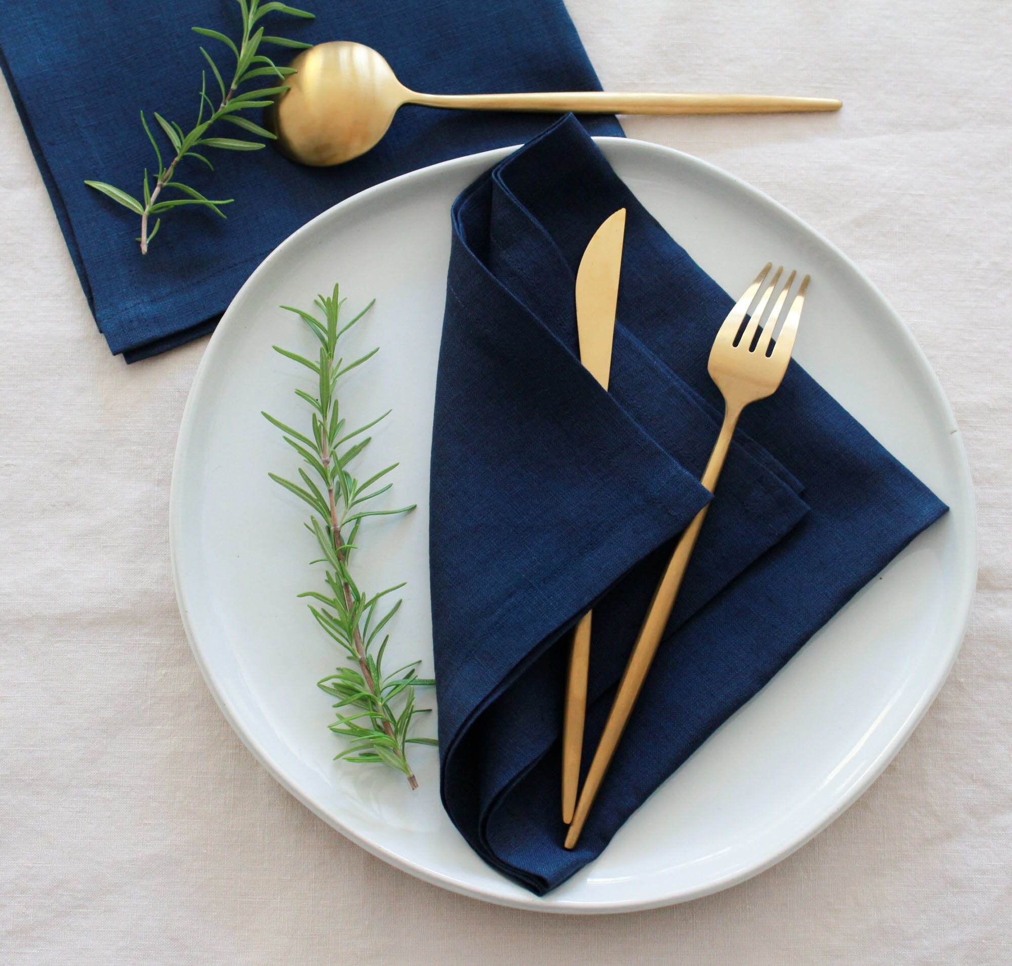 Reversible Navy Blue & White Linen Dinner Napkins | 20 x 20 Inch, Set of 4