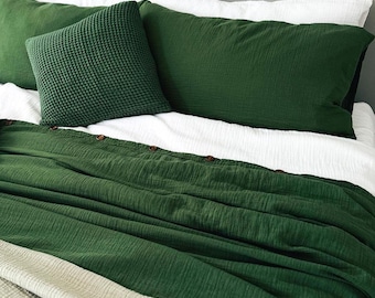 Organic Muslin Duvet Cover, Forest Green Multi Layer Softened Duvet Cover in Queen and King Size, Earthy Colors