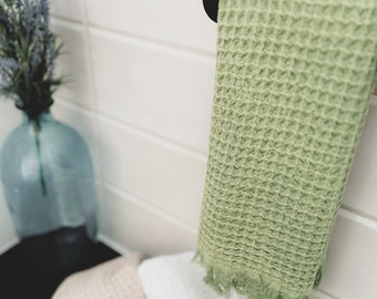 Waffle Towel Green, Towel for Bathroom, Sage Washcloth, Hand Towel for Guest Bath, Soft Cotton Towel Single, Set of 2, Stone Washed Towel