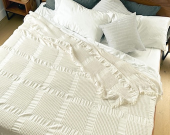 Ivory White Waffle Blanket Throw, Wedding Gift, Home Decor Ideas, Waffle Bed Cover, Soft Cotton Bed Blanket, Gifts for Fall, Waffle Bedding