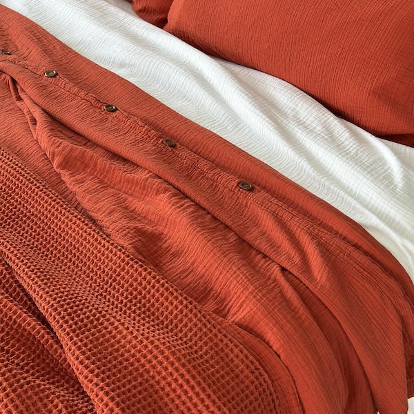 Organic Muslin Duvet Cover: Cinnamon, GOTS Global Organic Certified Softened Cotton Bedding, Queen King Size, Terracotta Bedspread