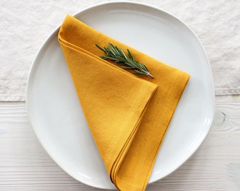 Dinner Napkin, Washed Golden Yellow Linen Napkin, Handcrafted Cloth Napkin, Bulk Wedding Napkin, Housewarming Gift, Napkin Set of 4 6 8 12