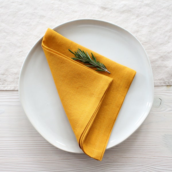 Dinner Napkin, Washed Golden Yellow Linen Napkin, Handcrafted Cloth Napkin, Bulk Wedding Napkin, Housewarming Gift, Napkin Set of 4 6 8 12