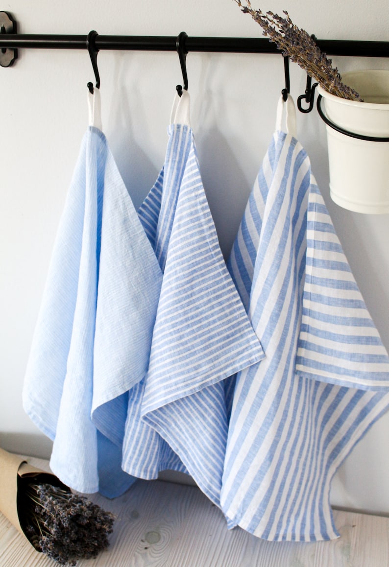 Linen Tea Towel, Set of 3 or Single, US Shop, Christmas Gift, Striped Linen Cotton Kitchen Towel Set With Loop, Gift For Kitchen, Holiday image 4